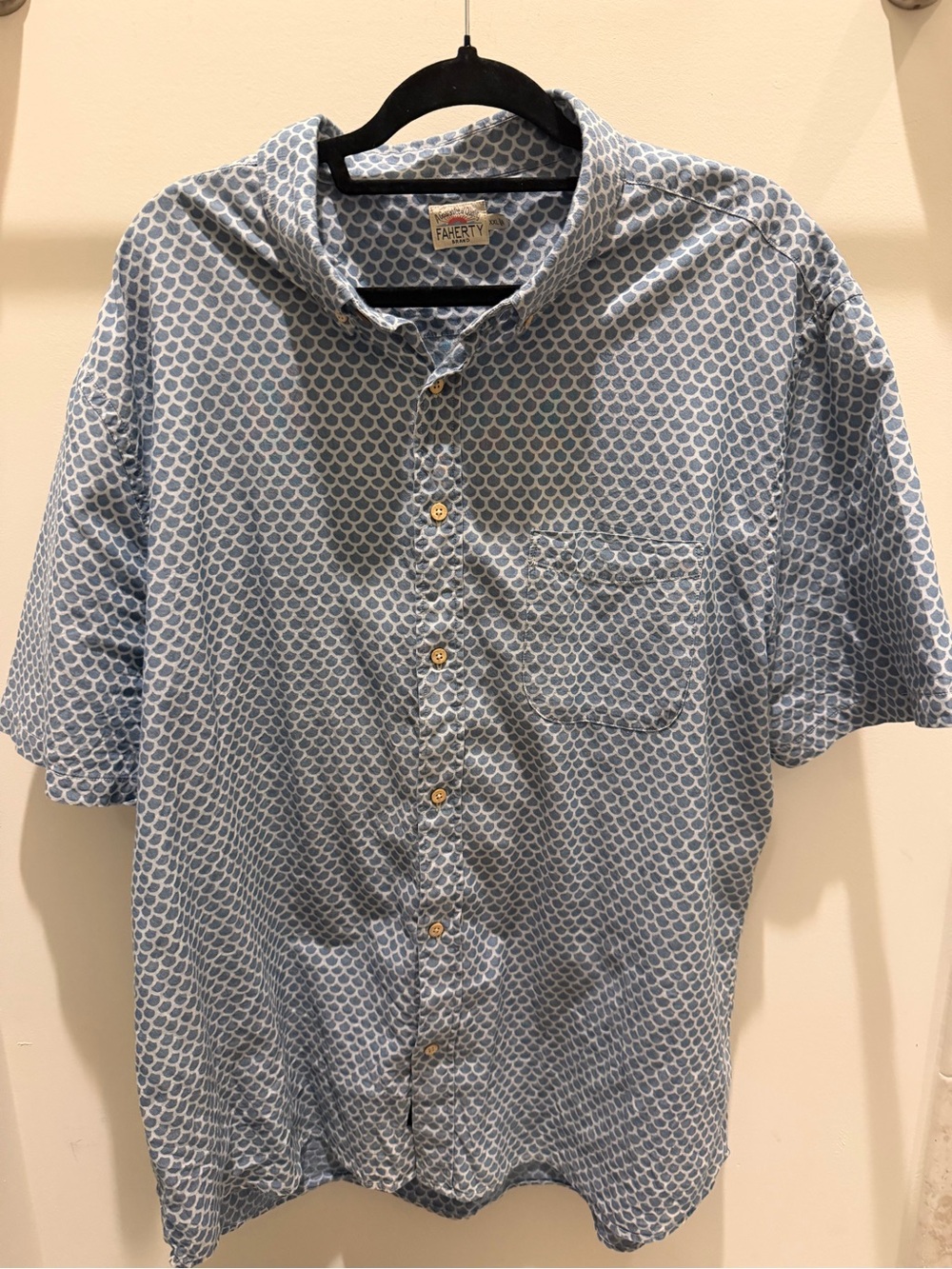 Faherty Brand Mens XXL Short Sleeve Stretch Playa Shirt Blue Fish Scale Scallop